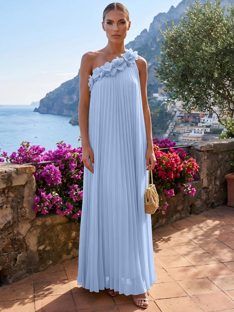 Chiffon A-Line One Shoulder Formal Tent/ Trapeze Dresses with 3D Flowers
