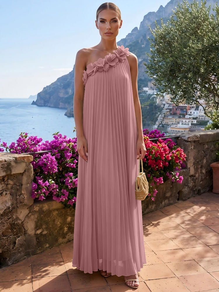 Chiffon A-Line One Shoulder Formal Tent/ Trapeze Dresses with 3D Flowers