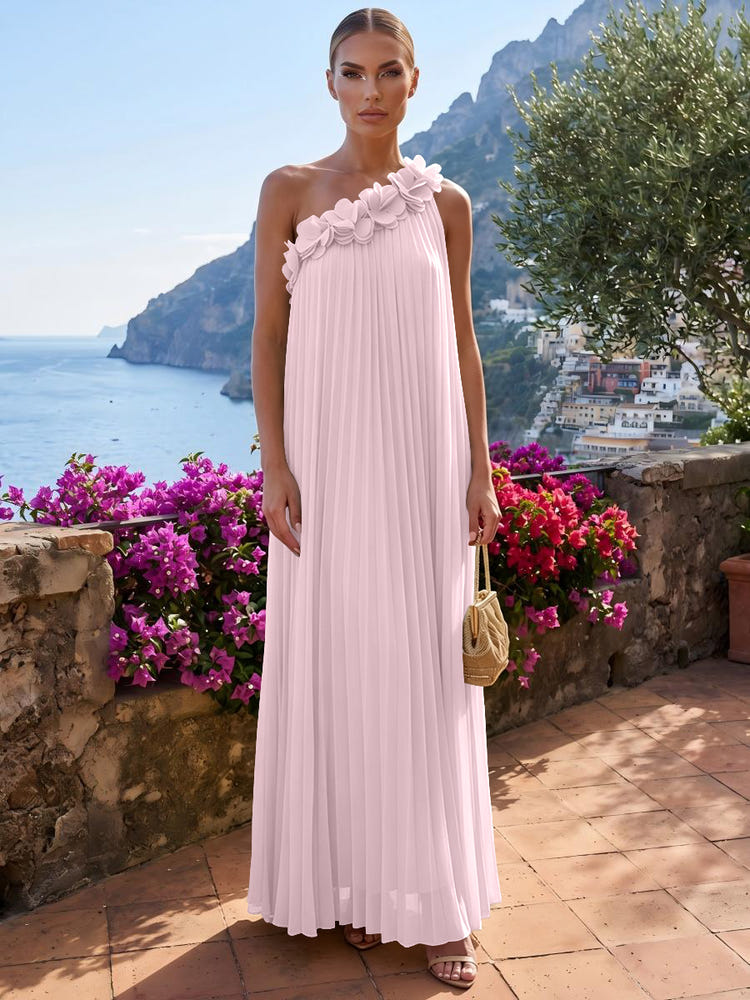 Chiffon A-Line One Shoulder Formal Tent/ Trapeze Dresses with 3D Flowers