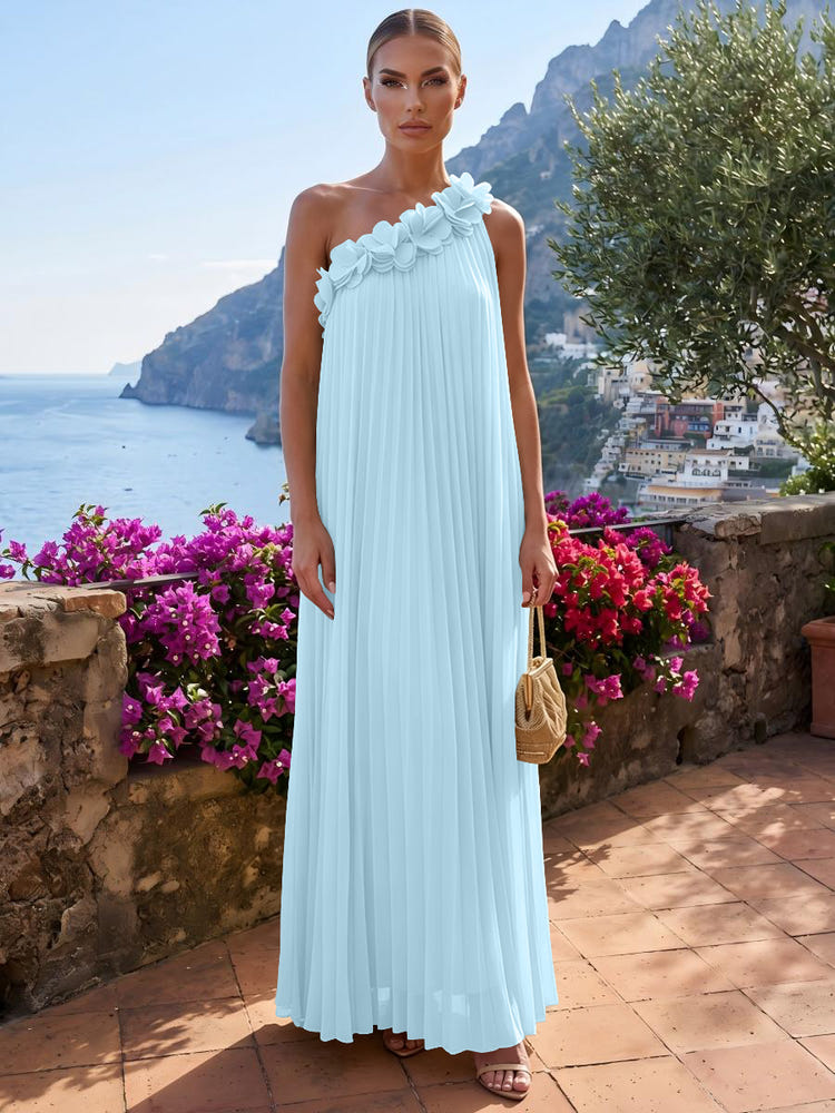 Chiffon A-Line One Shoulder Formal Tent/ Trapeze Dresses with 3D Flowers
