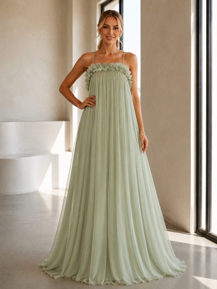 Chiffon Spaghetti Straps Pleated Formal Dresses with 3D Flowers