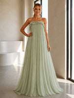 Chiffon Spaghetti Straps Pleated Formal Dresses with 3D Flowers
