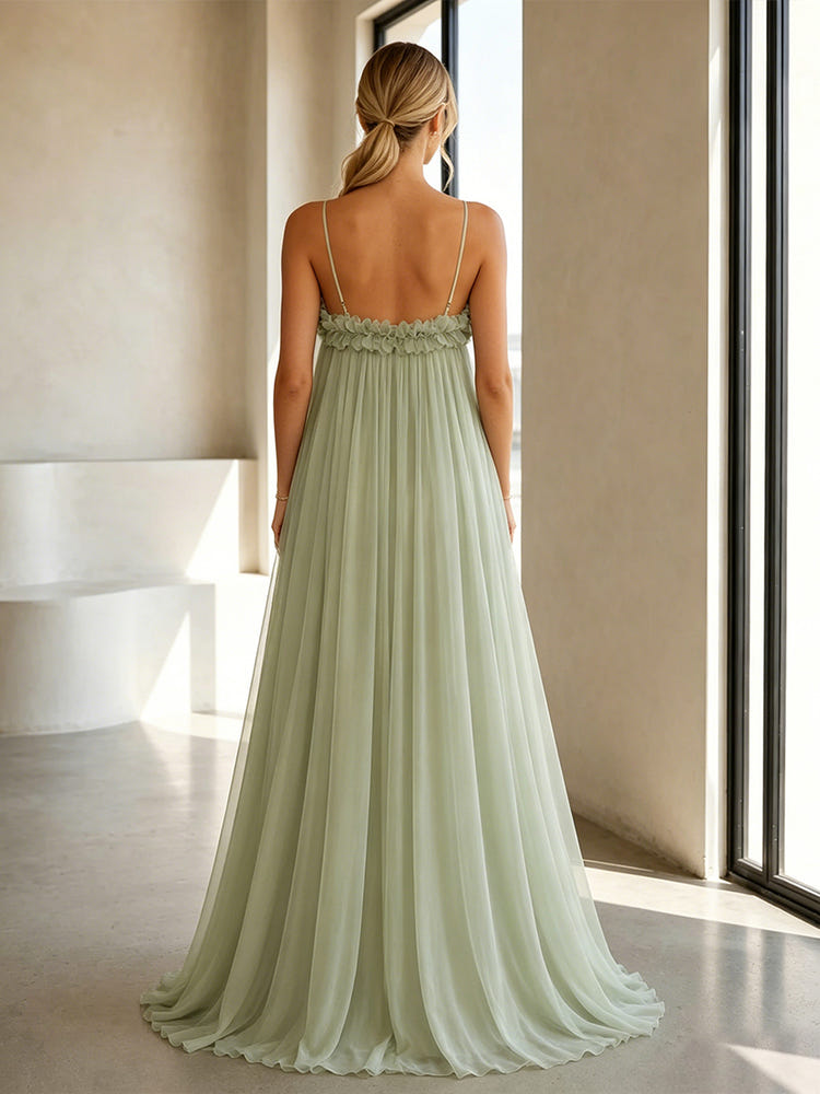 Chiffon Spaghetti Straps Pleated Formal Dresses with 3D Flowers