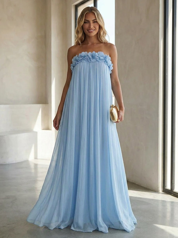 Chiffon A-Line Strapless Formal Dresses with 3D Flowers