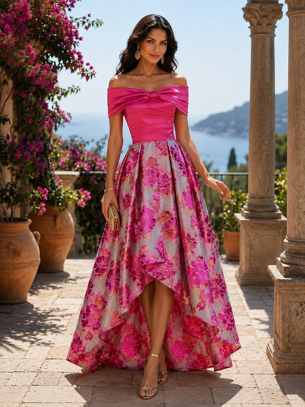 Jacquard High Low Off the Shoulder Floral Formal Dresses