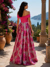 Jacquard High Low Off the Shoulder Floral Formal Dresses