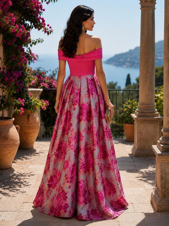 Jacquard High Low Off the Shoulder Floral Formal Dresses