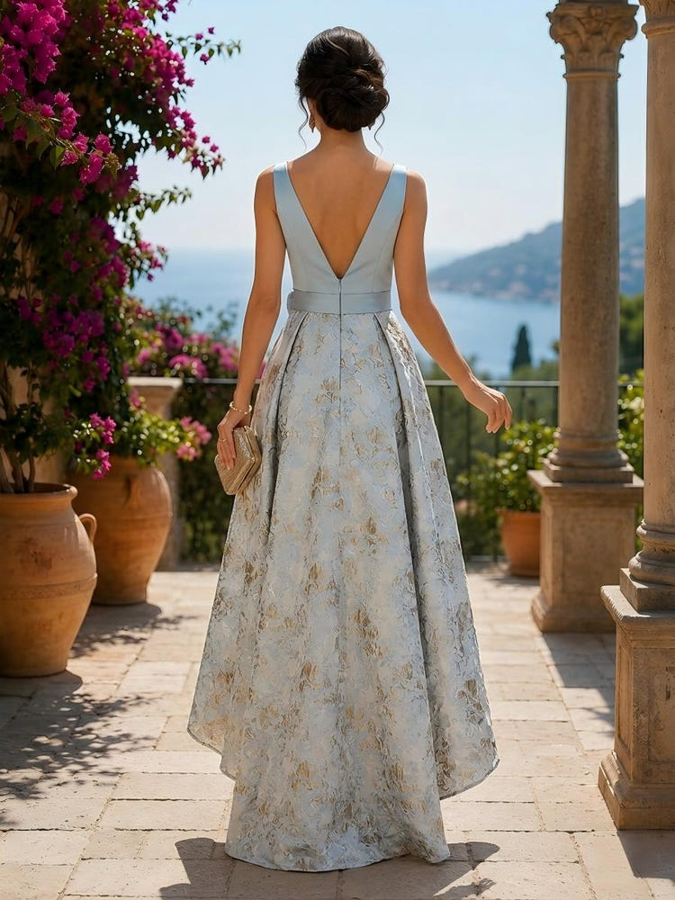 Jacquard High Low V Neck Floral Formal Dresses