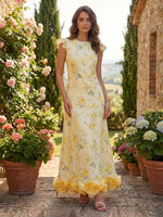 Chiffon Sheath Crew Neck Formal Dresses with 3D Flowers