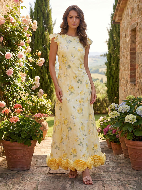 Satin Sheath Crew Neck Formal Dresses with 3D Flowers