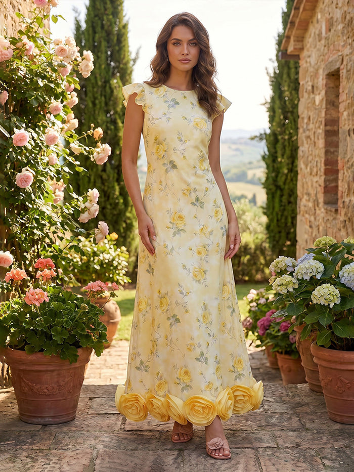 Satin Sheath Crew Neck Formal Dresses with 3D Flowers