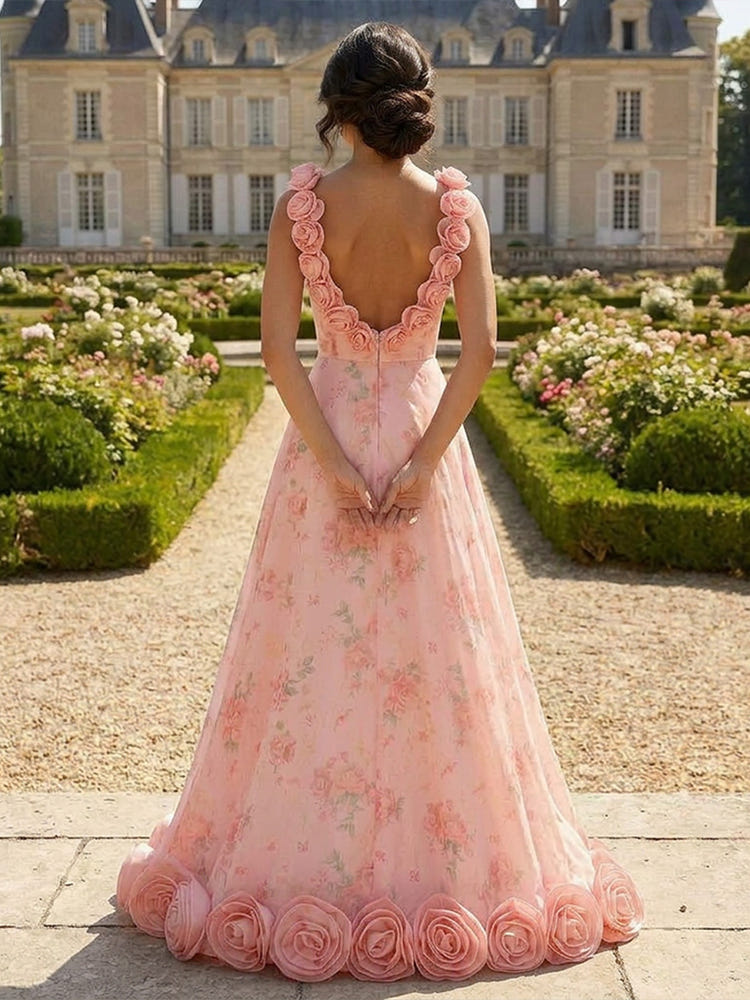 Chiffon A-Line V Neck Formal Dresses with 3D Flowers
