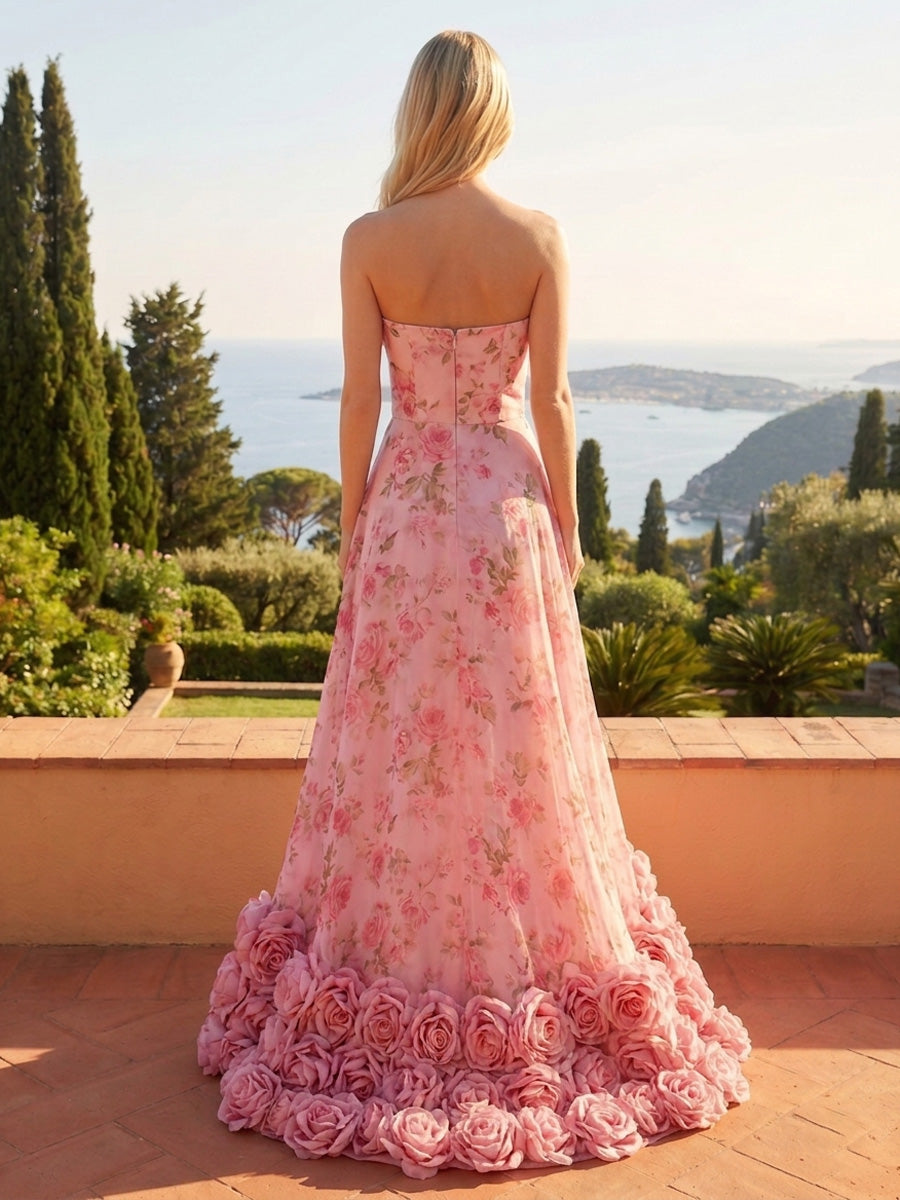 Satin High Low Strapless Formal Dresses with 3D Flowers