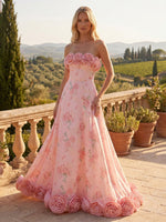 Chiffon A-Line Strapless Formal Dresses with 3D Flowers