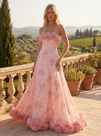 Satin A-Line Strapless Formal Dresses with 3D Flowers