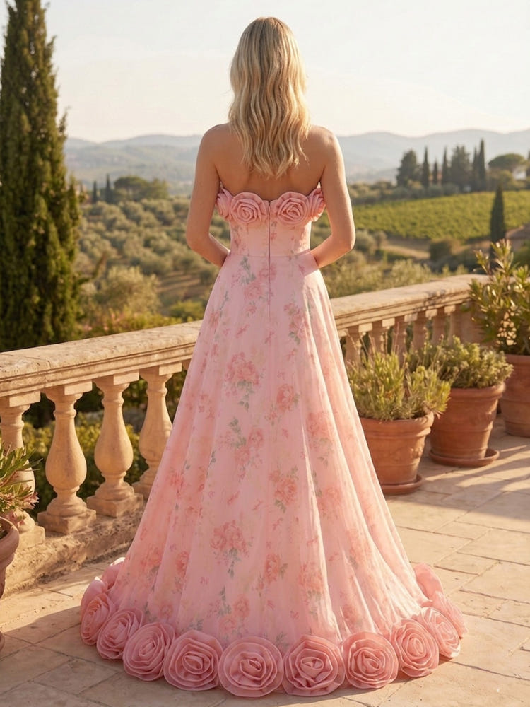 Chiffon A-Line Strapless Formal Dresses with 3D Flowers