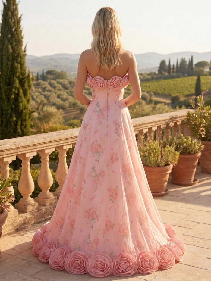 Satin A-Line Strapless Formal Dresses with 3D Flowers