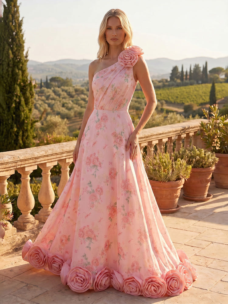Chiffon A-Line One Shoulder Formal Dresses with 3D Flowers