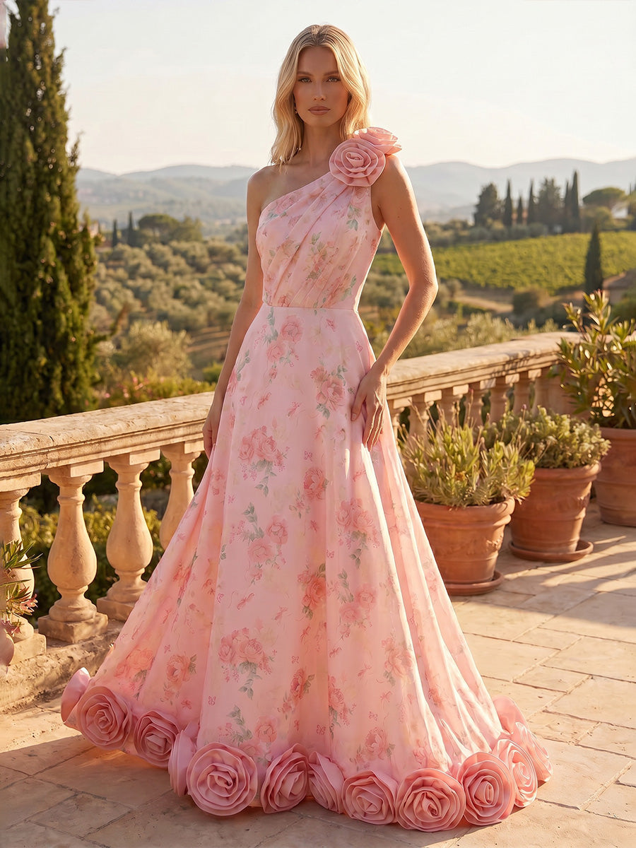 Satin A-Line One Shoulder Formal Dresses with 3D Flowers