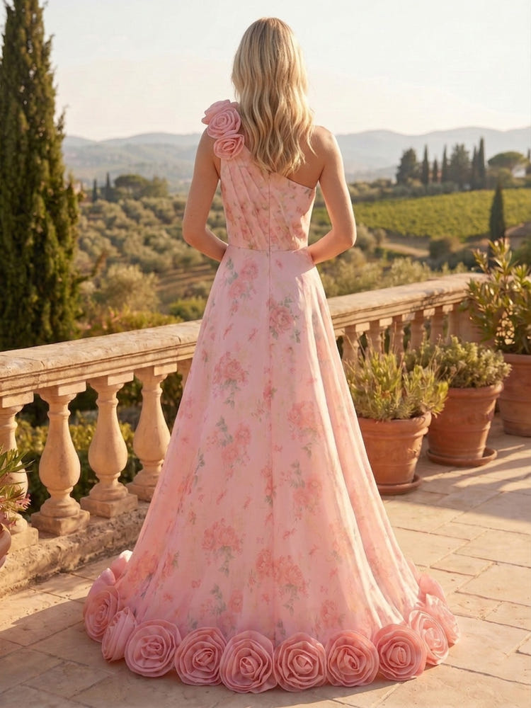 Chiffon A-Line One Shoulder Formal Dresses with 3D Flowers