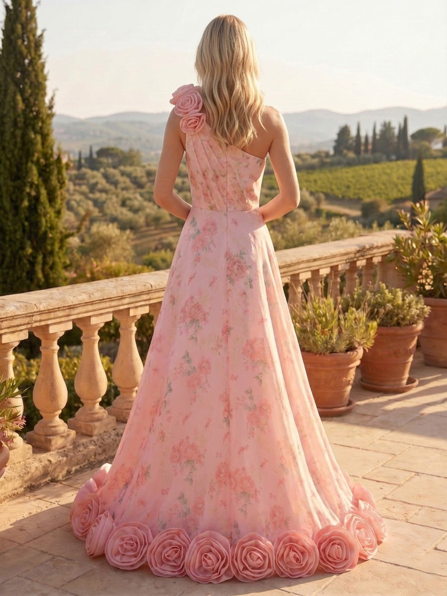 Satin A-Line One Shoulder Formal Dresses with 3D Flowers