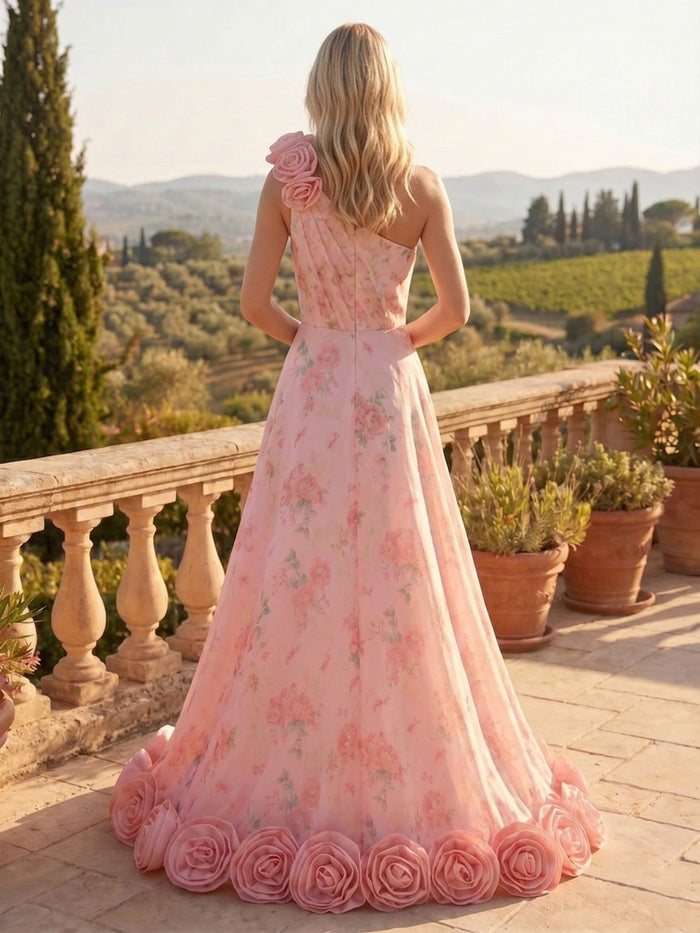 Satin A-Line One Shoulder Formal Dresses with 3D Flowers