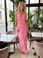 Jersey Sheath V Neck Formal Dresses with 3D Flowers