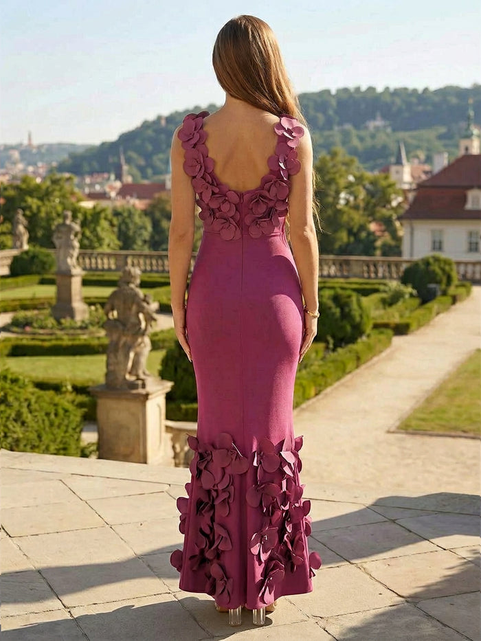 Jersey Bodycon V Neck Formal Dresses with 3D Flowers