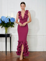 Jersey Bodycon V Neck Cocktail Dresses with 3D Flowers