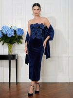 Velvet Sheath Strapless Cocktail Dresses with 3D Flowers & Shawl