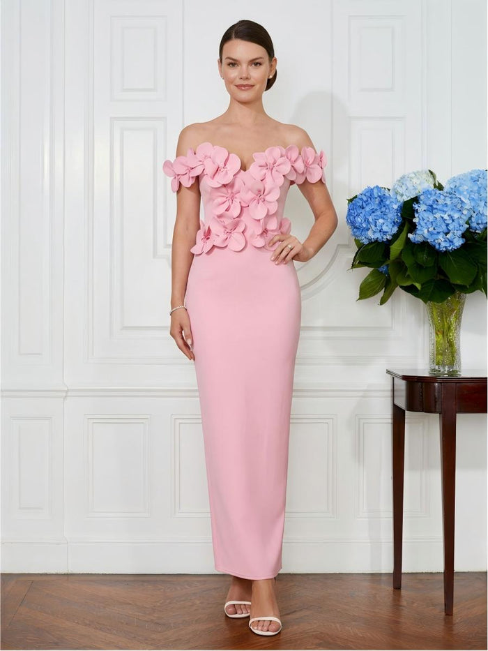 Jersey Sheath Off the Shoulder Cocktail Dresses with 3D Flowers