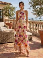 Tulle High Low One Shoulder Formal Dresses with 3D Flowers