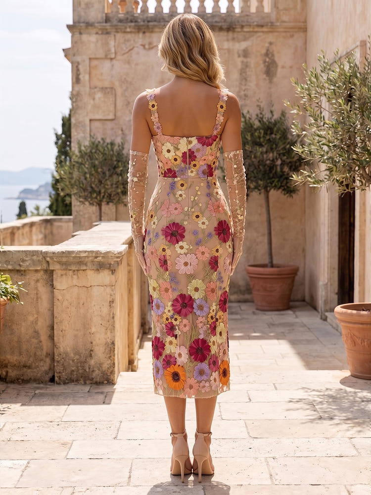 Tulle Bodycon Square Neck Formal Dresses with 3D Flowers