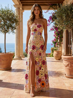 Tulle A-Line Strapless Formal Dresses with 3D Flowers