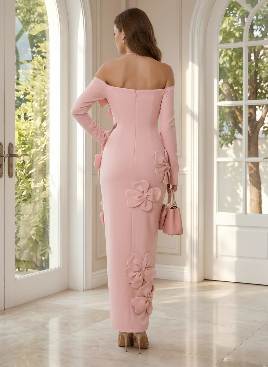 Jersey Bodycon Off the Shoulder Formal Dresses with 3D Flowers