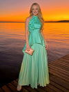 Satin A-Line Halter Pleated Formal Dresses with 3D Flowers