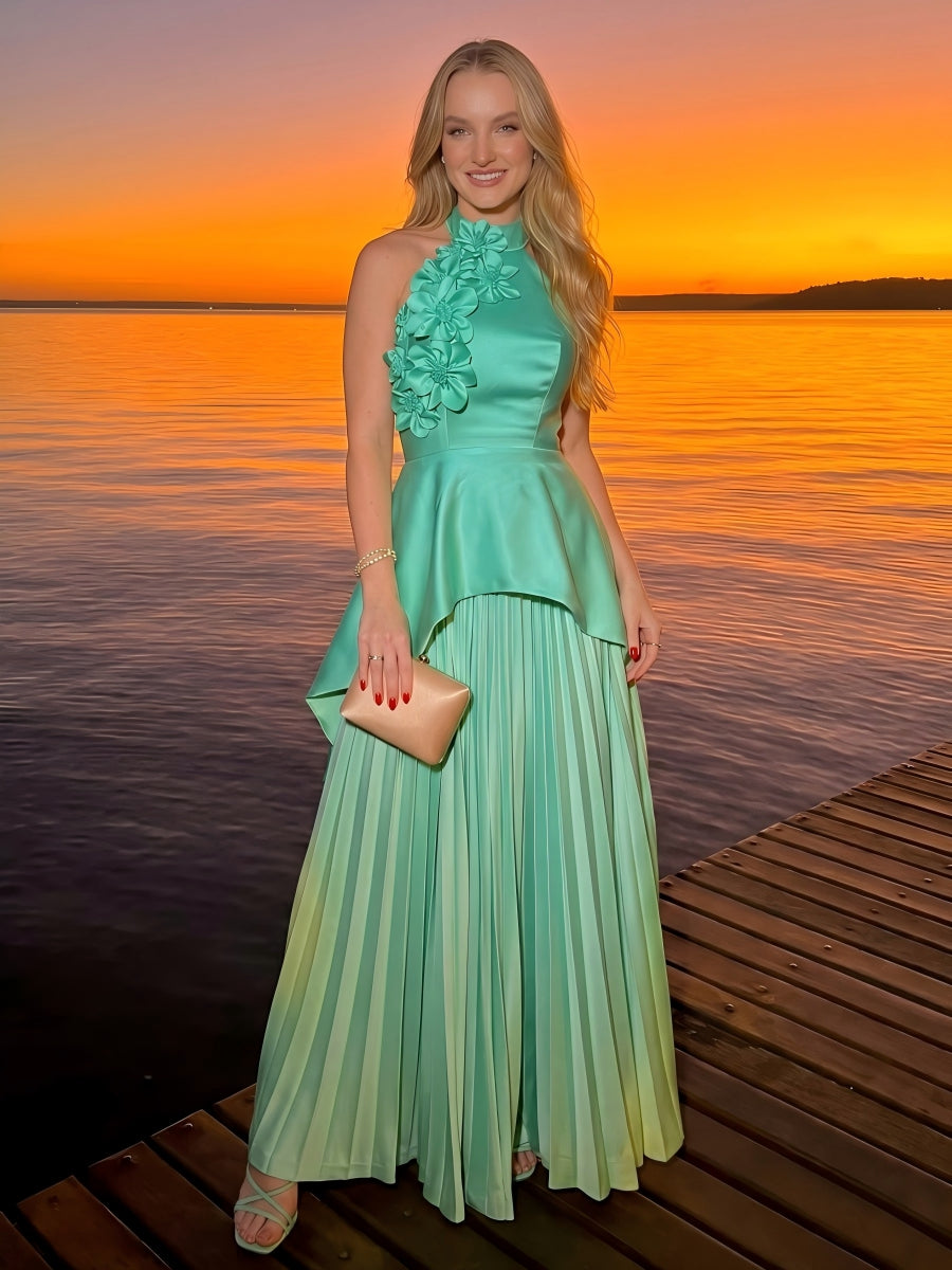 Satin A-Line Halter Pleated Formal Dresses with 3D Flowers