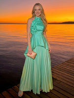 Satin A-Line Halter Pleated Formal Dresses with 3D Flowers