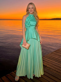 Satin A-Line Halter Pleated Formal Dresses with 3D Flowers