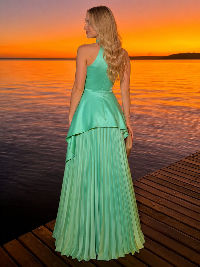 Satin A-Line Halter Pleated Formal Dresses with 3D Flowers