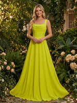 A-Line Satin Square Neck Pleated Formal Dresses with Flowers Back