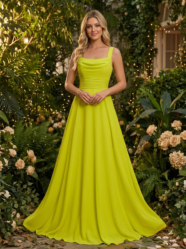 A-Line Satin Square Neck Pleated Formal Dresses with Flowers Back
