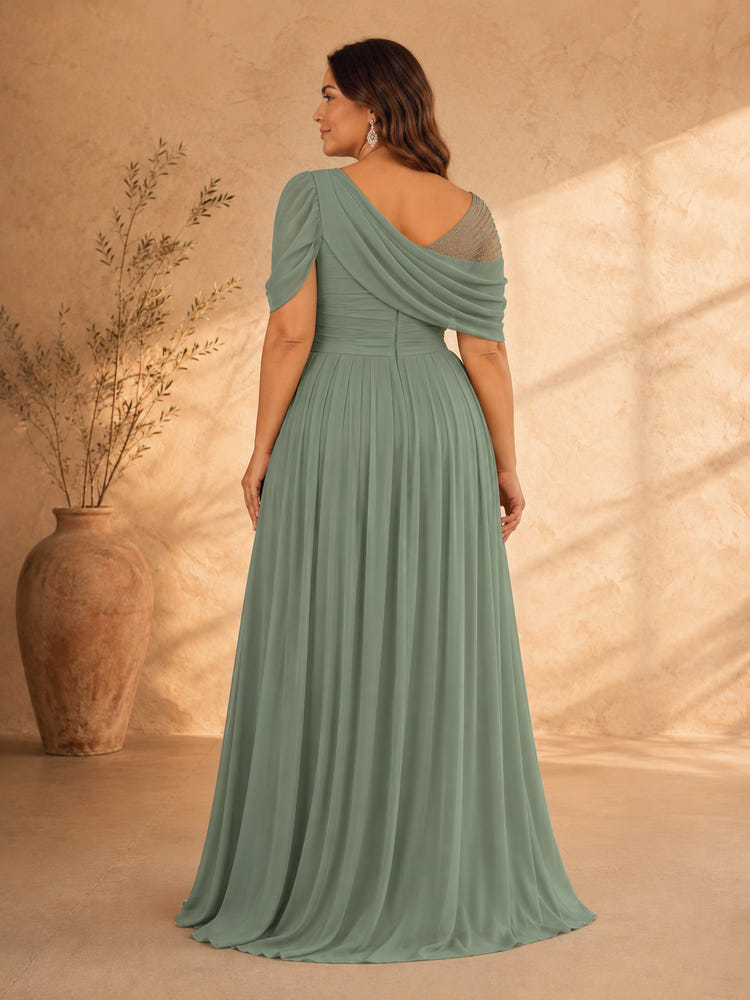 Chiffon A-Line Crew Neck Delicate Pleated Plus Size Dresses