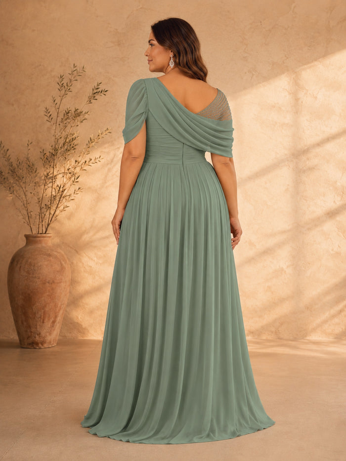 Chiffon A-Line Crew Neck Delicate Pleated Plus Size Dresses