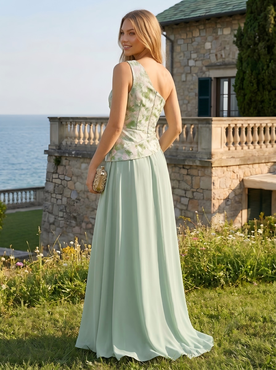 Jacquard A-Line One Shoulder Pleated Formal Dresses