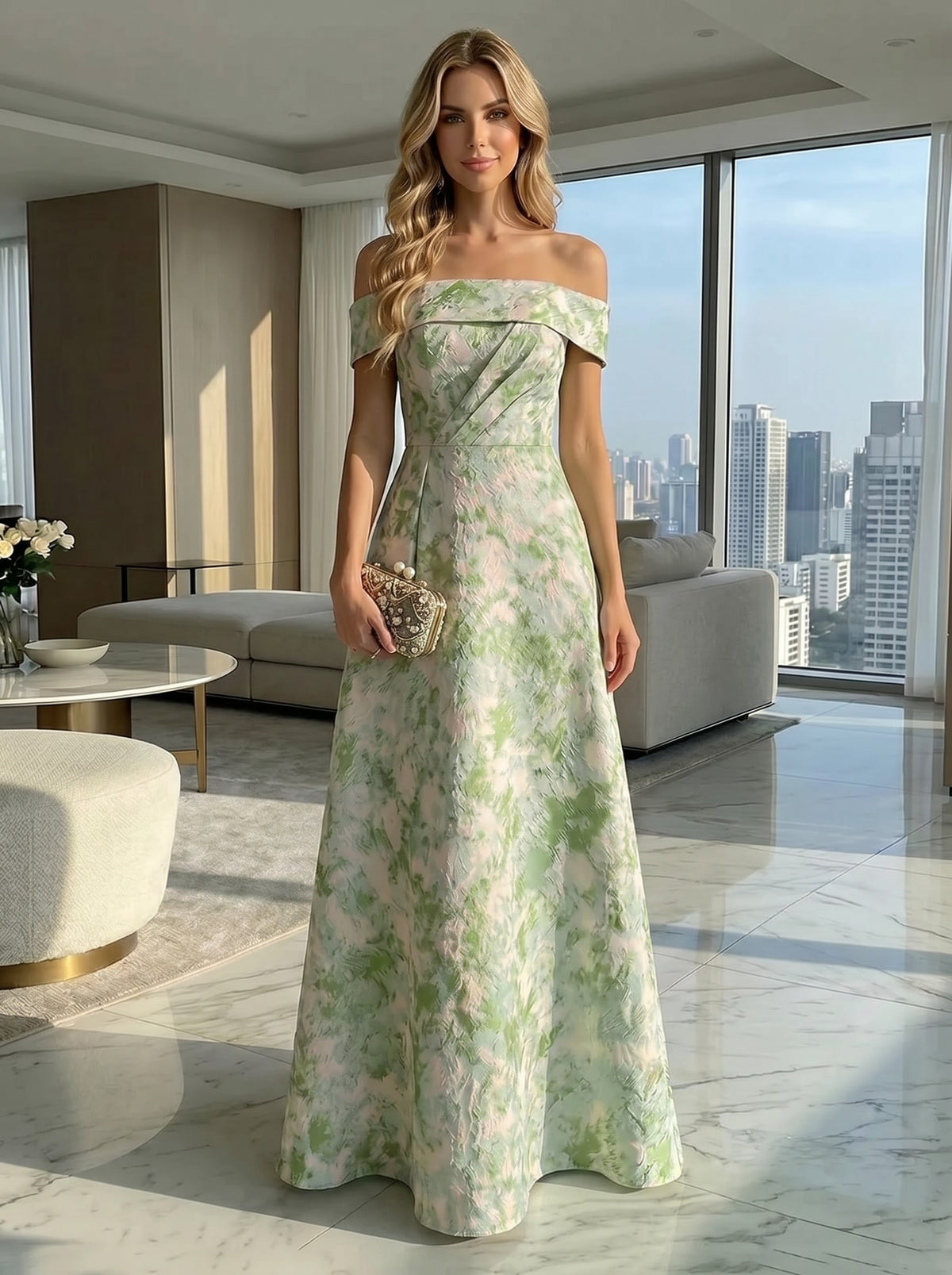 Jacquard A-Line Off the Shoulder Pleated Formal Dresses