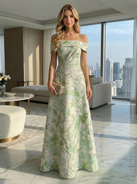 Jacquard A-Line Off the Shoulder Pleated Formal Dresses
