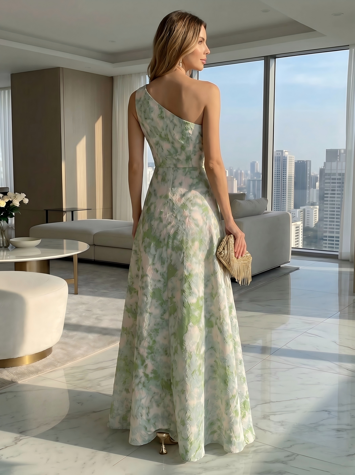Jacquard A-Line One Shoulder Pleated Formal Dresses