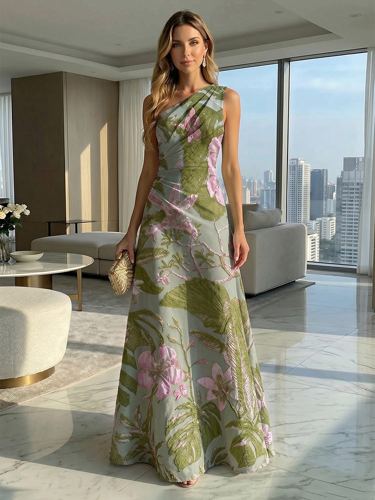 Jacquard A-Line One Shoulder Pleated Formal Dresses