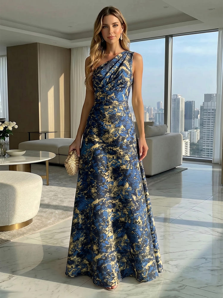 Jacquard A-Line One Shoulder Pleated Formal Dresses